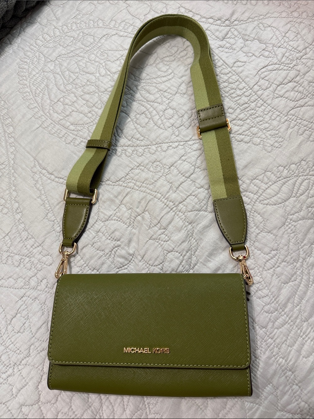 Michael Kors Olive Green Leather Crossbody with Wide Striped Strap